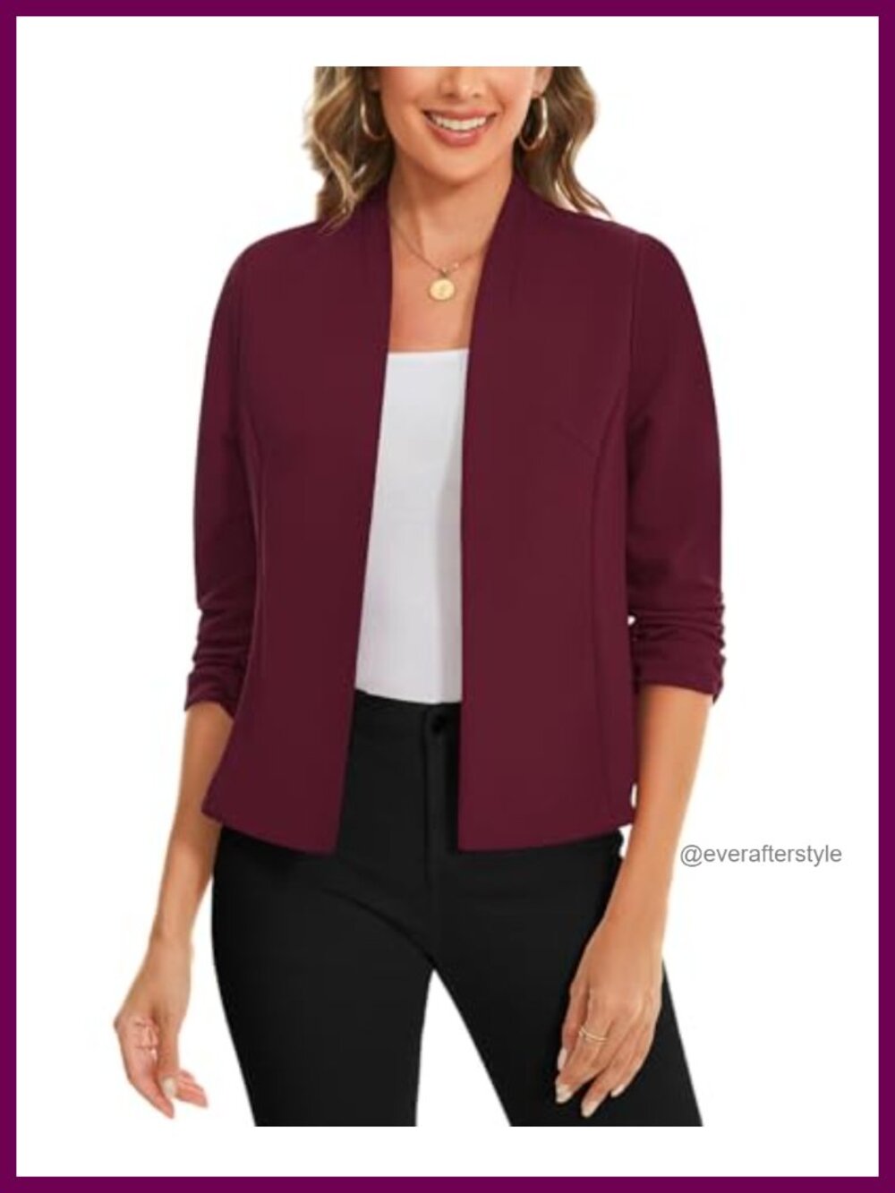 Collarless Open Front Cropped Blazer 3/4 Ruched Sleeve Work Jacket